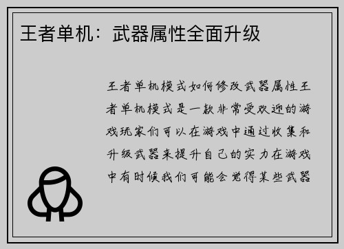 王者单机：武器属性全面升级
