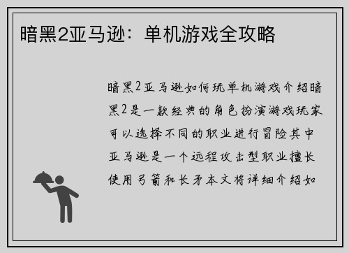 暗黑2亚马逊：单机游戏全攻略