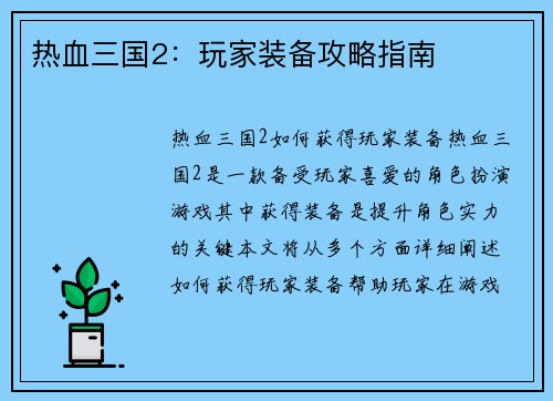 热血三国2：玩家装备攻略指南