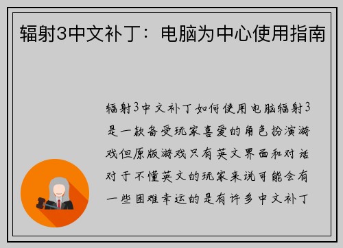 辐射3中文补丁：电脑为中心使用指南